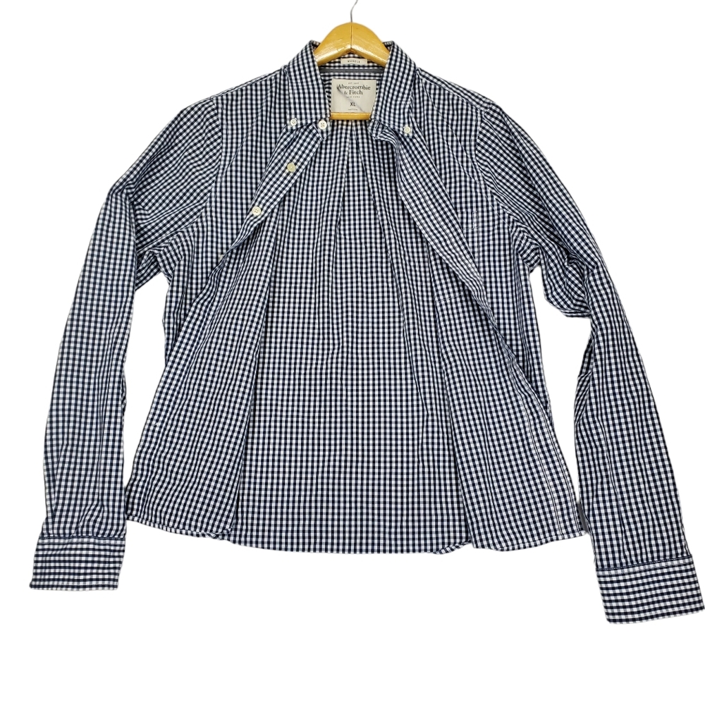 Abercrombie & Fitch Muscle Blue White Gingham Button Up Long Sleeve Shirt Sz XL - Picture 7 of 16